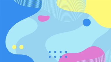 Soyut renkli Memphis düz geometrik şekiller arka plan. Çizgiler kare nokta üçgen daire ve dalgalı düz stil ile soyut kompozisyon. Poster, sunum, kart, kapak, afiş için tasarım.