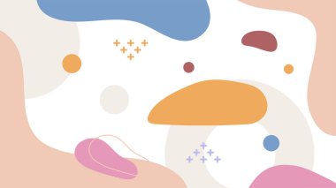 Soyut renkli Memphis düz geometrik şekiller arka plan. Çizgiler kare nokta üçgen daire ve dalgalı düz stil ile soyut kompozisyon. Poster, sunum, kart, kapak, afiş için tasarım.