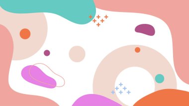 Soyut renkli Memphis düz geometrik şekiller arka plan. Çizgiler kare nokta üçgen daire ve dalgalı düz stil ile soyut kompozisyon. Poster, sunum, kart, kapak, afiş için tasarım.