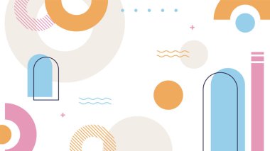 Soyut renkli Memphis düz geometrik şekiller arka plan. Çizgiler kare nokta üçgen daire ve dalgalı düz stil ile soyut kompozisyon. Poster, sunum, kart, kapak, afiş için tasarım.