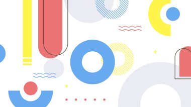 Soyut renkli Memphis düz geometrik şekiller arka plan. Çizgiler kare nokta üçgen daire ve dalgalı düz stil ile soyut kompozisyon. Poster, sunum, kart, kapak, afiş için tasarım.