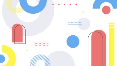 Soyut renkli Memphis düz geometrik şekiller arka plan. Çizgiler kare nokta üçgen daire ve dalgalı düz stil ile soyut kompozisyon. Poster, sunum, kart, kapak, afiş için tasarım.