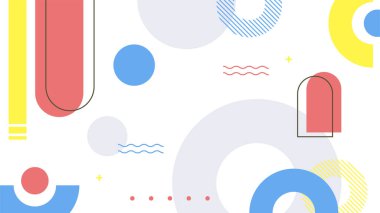 Soyut renkli Memphis düz geometrik şekiller arka plan. Çizgiler kare nokta üçgen daire ve dalgalı düz stil ile soyut kompozisyon. Poster, sunum, kart, kapak, afiş için tasarım.