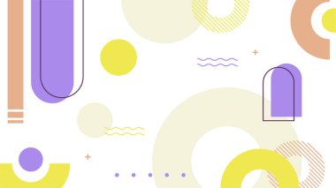 Soyut renkli Memphis düz geometrik şekiller arka plan. Çizgiler kare nokta üçgen daire ve dalgalı düz stil ile soyut kompozisyon. Poster, sunum, kart, kapak, afiş için tasarım.