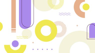 Soyut renkli Memphis düz geometrik şekiller arka plan. Çizgiler kare nokta üçgen daire ve dalgalı düz stil ile soyut kompozisyon. Poster, sunum, kart, kapak, afiş için tasarım.