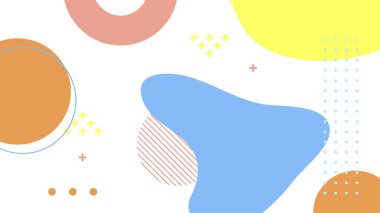 Soyut renkli Memphis düz geometrik şekiller arka plan. Çizgiler kare nokta üçgen daire ve dalgalı düz stil ile soyut kompozisyon. Poster, sunum, kart, kapak, afiş için tasarım.