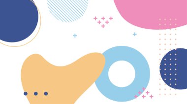 Soyut renkli Memphis düz geometrik şekiller arka plan. Çizgiler kare nokta üçgen daire ve dalgalı düz stil ile soyut kompozisyon. Poster, sunum, kart, kapak, afiş için tasarım.