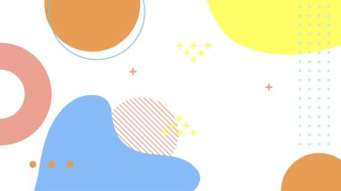 Soyut renkli Memphis düz geometrik şekiller arka plan. Çizgiler kare nokta üçgen daire ve dalgalı düz stil ile soyut kompozisyon. Poster, sunum, kart, kapak, afiş için tasarım.