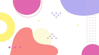 Soyut renkli Memphis düz geometrik şekiller arka plan. Çizgiler kare nokta üçgen daire ve dalgalı düz stil ile soyut kompozisyon. Poster, sunum, kart, kapak, afiş için tasarım.