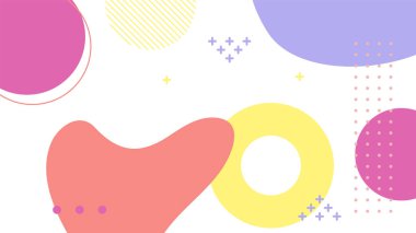 Soyut renkli Memphis düz geometrik şekiller arka plan. Çizgiler kare nokta üçgen daire ve dalgalı düz stil ile soyut kompozisyon. Poster, sunum, kart, kapak, afiş için tasarım.