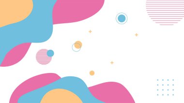 Soyut renkli Memphis düz geometrik şekiller arka plan. Çizgiler kare nokta üçgen daire ve dalgalı düz stil ile soyut kompozisyon. Poster, sunum, kart, kapak, afiş için tasarım.