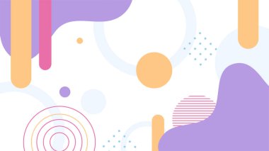 Soyut renkli Memphis düz geometrik şekiller arka plan. Çizgiler kare nokta üçgen daire ve dalgalı düz stil ile soyut kompozisyon. Poster, sunum, kart, kapak, afiş için tasarım.