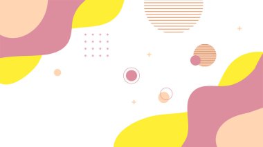 Soyut renkli Memphis düz geometrik şekiller arka plan. Çizgiler kare nokta üçgen daire ve dalgalı düz stil ile soyut kompozisyon. Poster, sunum, kart, kapak, afiş için tasarım.