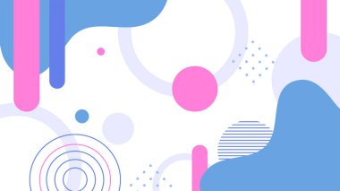 Soyut renkli Memphis düz geometrik şekiller arka plan. Çizgiler kare nokta üçgen daire ve dalgalı düz stil ile soyut kompozisyon. Poster, sunum, kart, kapak, afiş için tasarım.