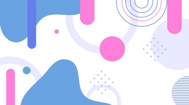 Soyut renkli Memphis düz geometrik şekiller arka plan. Çizgiler kare nokta üçgen daire ve dalgalı düz stil ile soyut kompozisyon. Poster, sunum, kart, kapak, afiş için tasarım.