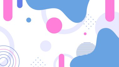 Soyut renkli Memphis düz geometrik şekiller arka plan. Çizgiler kare nokta üçgen daire ve dalgalı düz stil ile soyut kompozisyon. Poster, sunum, kart, kapak, afiş için tasarım.