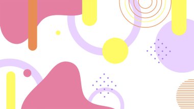 Soyut renkli Memphis düz geometrik şekiller arka plan. Çizgiler kare nokta üçgen daire ve dalgalı düz stil ile soyut kompozisyon. Poster, sunum, kart, kapak, afiş için tasarım.