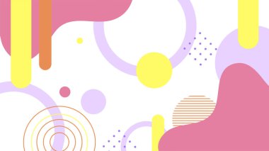 Soyut renkli Memphis düz geometrik şekiller arka plan. Çizgiler kare nokta üçgen daire ve dalgalı düz stil ile soyut kompozisyon. Poster, sunum, kart, kapak, afiş için tasarım.