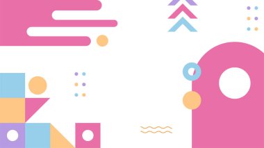 Soyut renkli Memphis düz geometrik şekiller arka plan. Çizgiler kare nokta üçgen daire ve dalgalı düz stil ile soyut kompozisyon. Poster, sunum, kart, kapak, afiş için tasarım.