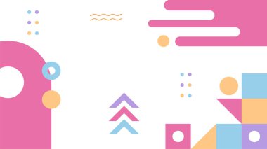 Soyut renkli Memphis düz geometrik şekiller arka plan. Çizgiler kare nokta üçgen daire ve dalgalı düz stil ile soyut kompozisyon. Poster, sunum, kart, kapak, afiş için tasarım.