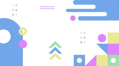 Soyut renkli Memphis düz geometrik şekiller arka plan. Çizgiler kare nokta üçgen daire ve dalgalı düz stil ile soyut kompozisyon. Poster, sunum, kart, kapak, afiş için tasarım.