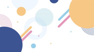 Soyut renkli Memphis düz geometrik şekiller arka plan. Çizgiler kare nokta üçgen daire ve dalgalı düz stil ile soyut kompozisyon. Poster, sunum, kart, kapak, afiş için tasarım.