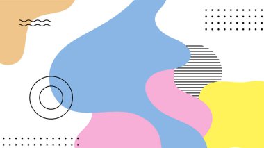 Soyut renkli Memphis düz geometrik şekiller arka plan. Çizgiler kare nokta üçgen daire ve dalgalı düz stil ile soyut kompozisyon. Poster, sunum, kart, kapak, afiş için tasarım.