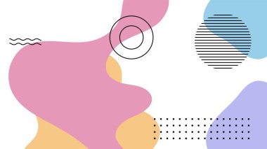 Soyut renkli Memphis düz geometrik şekiller arka plan. Çizgiler kare nokta üçgen daire ve dalgalı düz stil ile soyut kompozisyon. Poster, sunum, kart, kapak, afiş için tasarım.