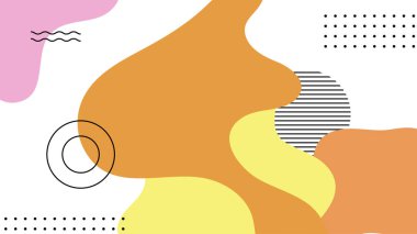 Soyut renkli Memphis düz geometrik şekiller arka plan. Çizgiler kare nokta üçgen daire ve dalgalı düz stil ile soyut kompozisyon. Poster, sunum, kart, kapak, afiş için tasarım.