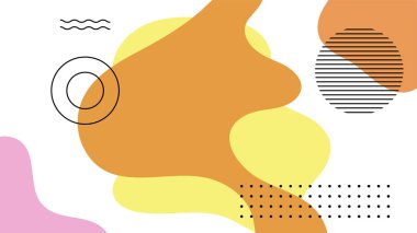 Soyut renkli Memphis düz geometrik şekiller arka plan. Çizgiler kare nokta üçgen daire ve dalgalı düz stil ile soyut kompozisyon. Poster, sunum, kart, kapak, afiş için tasarım.