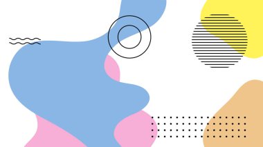 Soyut renkli Memphis düz geometrik şekiller arka plan. Çizgiler kare nokta üçgen daire ve dalgalı düz stil ile soyut kompozisyon. Poster, sunum, kart, kapak, afiş için tasarım.