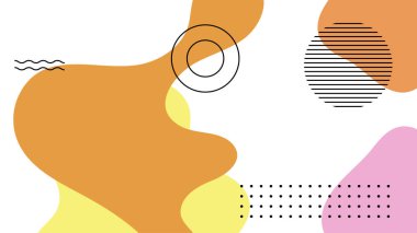 Soyut renkli Memphis düz geometrik şekiller arka plan. Çizgiler kare nokta üçgen daire ve dalgalı düz stil ile soyut kompozisyon. Poster, sunum, kart, kapak, afiş için tasarım.