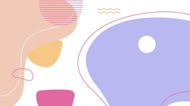 Soyut renkli Memphis düz geometrik şekiller arka plan. Çizgiler kare nokta üçgen daire ve dalgalı düz stil ile soyut kompozisyon. Poster, sunum, kart, kapak, afiş için tasarım.