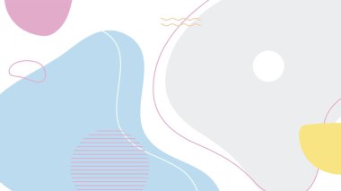 Soyut renkli Memphis düz geometrik şekiller arka plan. Çizgiler kare nokta üçgen daire ve dalgalı düz stil ile soyut kompozisyon. Poster, sunum, kart, kapak, afiş için tasarım.