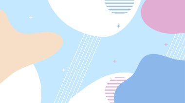 Soyut renkli Memphis düz geometrik şekiller arka plan. Çizgiler kare nokta üçgen daire ve dalgalı düz stil ile soyut kompozisyon. Poster, sunum, kart, kapak, afiş için tasarım.