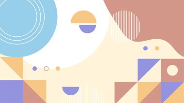 Soyut renkli Memphis düz geometrik şekiller arka plan. Çizgiler kare nokta üçgen daire ve dalgalı düz stil ile soyut kompozisyon. Poster, sunum, kart, kapak, afiş için tasarım.