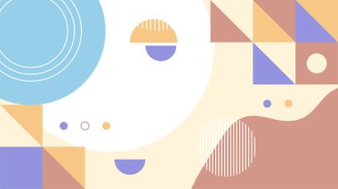 Soyut renkli Memphis düz geometrik şekiller arka plan. Çizgiler kare nokta üçgen daire ve dalgalı düz stil ile soyut kompozisyon. Poster, sunum, kart, kapak, afiş için tasarım.