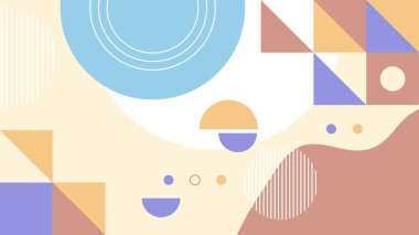 Soyut renkli Memphis düz geometrik şekiller arka plan. Çizgiler kare nokta üçgen daire ve dalgalı düz stil ile soyut kompozisyon. Poster, sunum, kart, kapak, afiş için tasarım.