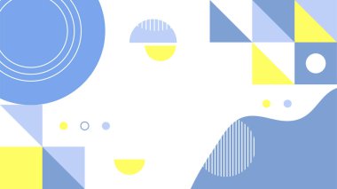 Soyut renkli Memphis düz geometrik şekiller arka plan. Çizgiler kare nokta üçgen daire ve dalgalı düz stil ile soyut kompozisyon. Poster, sunum, kart, kapak, afiş için tasarım.