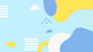 Soyut renkli Memphis düz geometrik şekiller arka plan. Çizgiler kare nokta üçgen daire ve dalgalı düz stil ile soyut kompozisyon. Poster, sunum, kart, kapak, afiş için tasarım.