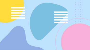 Soyut renkli Memphis düz geometrik şekiller arka plan. Çizgiler kare nokta üçgen daire ve dalgalı düz stil ile soyut kompozisyon. Poster, sunum, kart, kapak, afiş için tasarım.