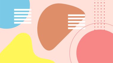 Soyut renkli Memphis düz geometrik şekiller arka plan. Çizgiler kare nokta üçgen daire ve dalgalı düz stil ile soyut kompozisyon. Poster, sunum, kart, kapak, afiş için tasarım.