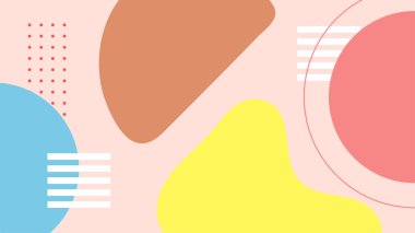 Soyut renkli Memphis düz geometrik şekiller arka plan. Çizgiler kare nokta üçgen daire ve dalgalı düz stil ile soyut kompozisyon. Poster, sunum, kart, kapak, afiş için tasarım.