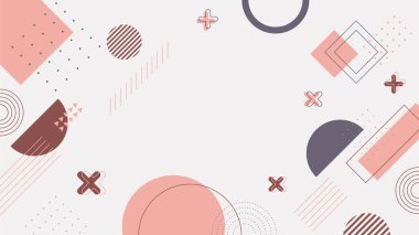 Soyut pembe Memphis düz geometrik şekiller arka plan. Çizgiler kare nokta üçgen daire ve dalgalı düz stil ile soyut kompozisyon. Poster, sunum, kart, kapak, afiş için tasarım.