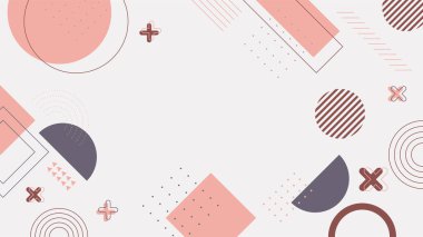 Soyut pembe Memphis düz geometrik şekiller arka plan. Çizgiler kare nokta üçgen daire ve dalgalı düz stil ile soyut kompozisyon. Poster, sunum, kart, kapak, afiş için tasarım.