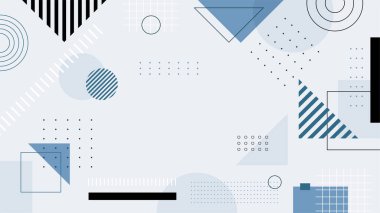 Soyut mavi Memphis düz geometrik şekiller arka plan. Çizgiler kare nokta üçgen daire ve dalgalı düz stil ile soyut kompozisyon. Poster, sunum, kart, kapak, afiş için tasarım.