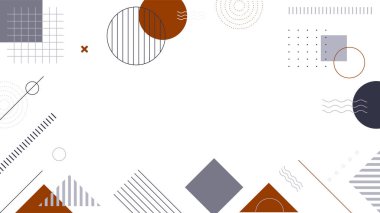 Soyut renkli Memphis düz geometrik şekiller arka plan. Çizgiler kare nokta üçgen daire ve dalgalı düz stil ile soyut kompozisyon. Poster, sunum, kart, kapak, afiş için tasarım.