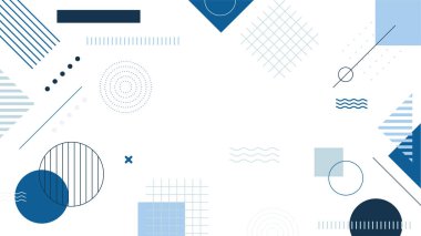 Soyut mavi Memphis düz geometrik şekiller arka plan. Çizgiler kare nokta üçgen daire ve dalgalı düz stil ile soyut kompozisyon. Poster, sunum, kart, kapak, afiş için tasarım.