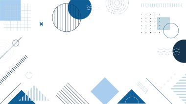 Soyut mavi Memphis düz geometrik şekiller arka plan. Çizgiler kare nokta üçgen daire ve dalgalı düz stil ile soyut kompozisyon. Poster, sunum, kart, kapak, afiş için tasarım.