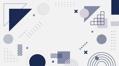 Soyut renkli mor Memphis düz geometrik şekiller arka plan. Çizgiler kare nokta üçgen daire ve dalgalı düz stil ile soyut kompozisyon. Poster, sunum, kart, kapak, afiş için tasarım.